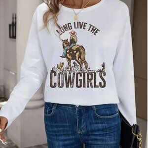 XL Horse Riding & Letter Print T-Shirt, Casual Long Sleeve Top